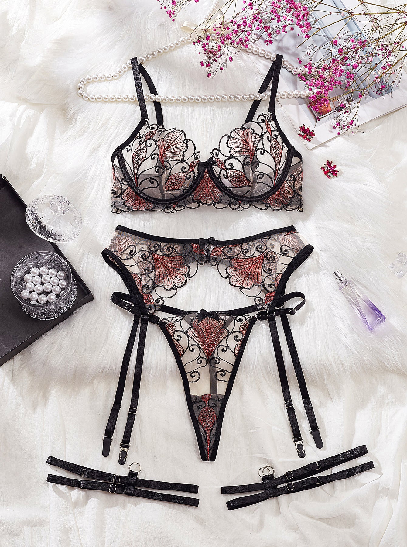 Black Lace Embroidered Lingerie Set