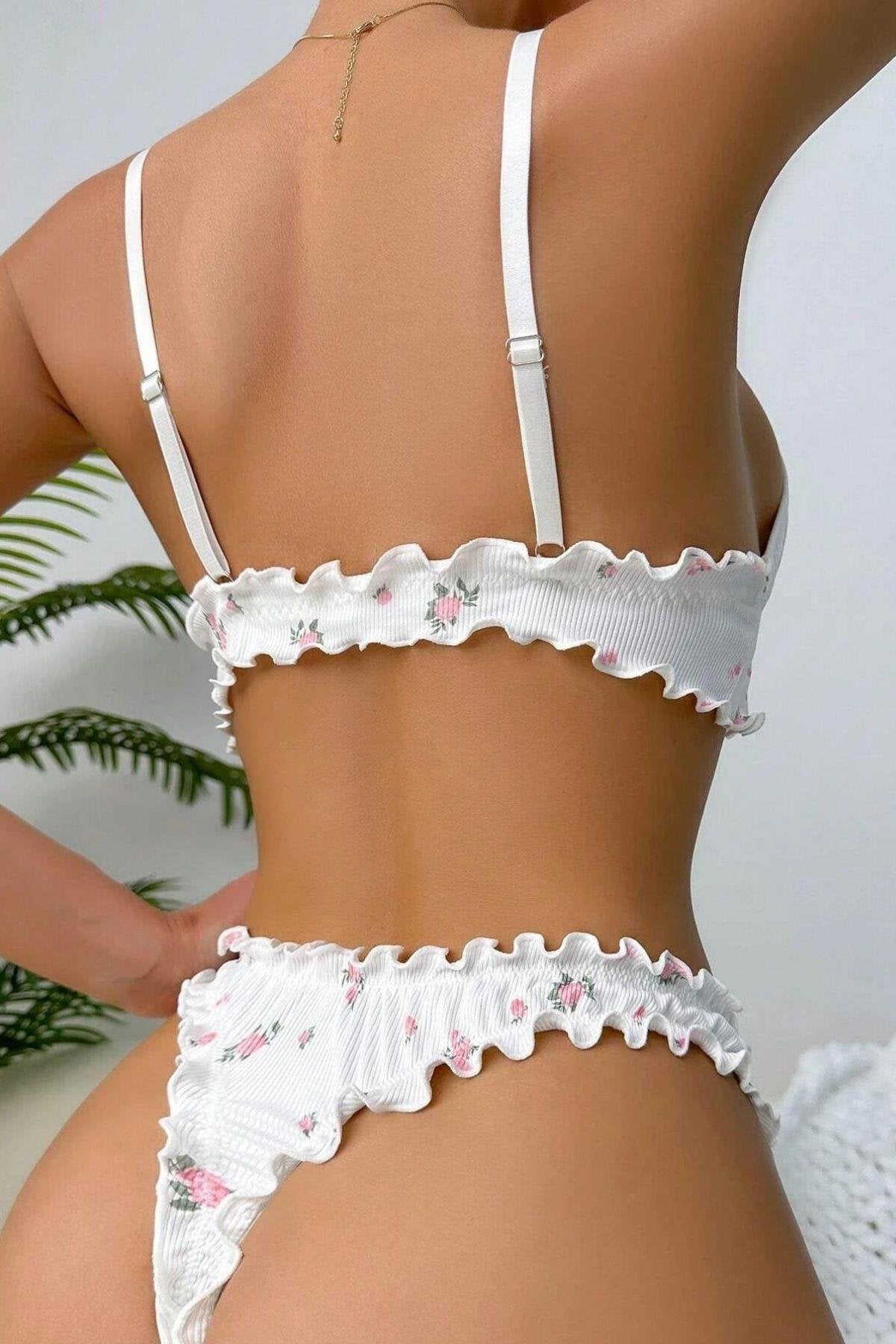 White Floral Patterned Trim Bottom Top Set