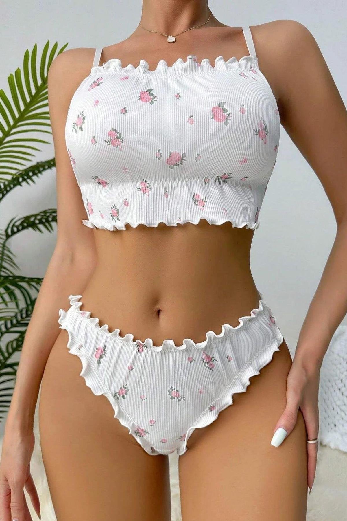 White Floral Patterned Trim Bottom Top Set