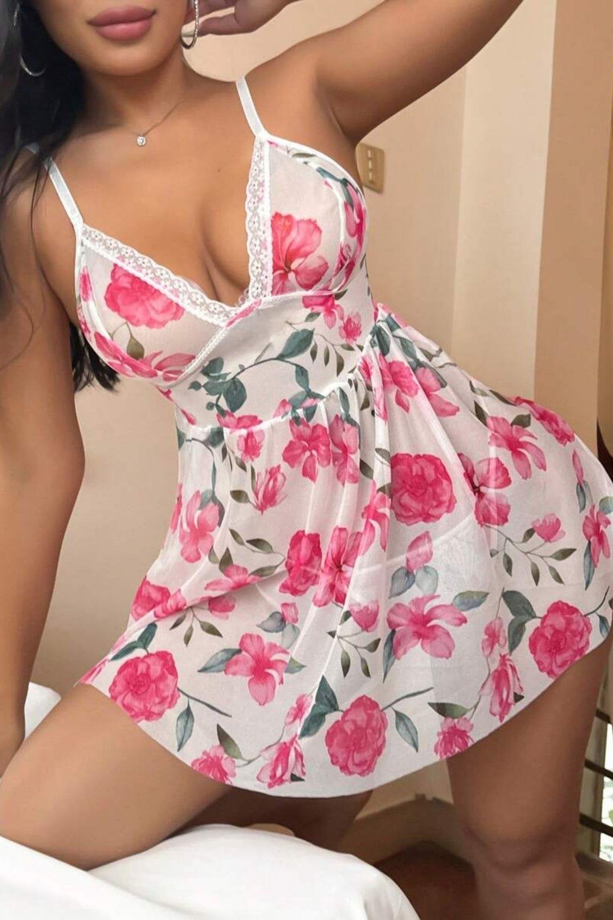 Pink Floral Patterned Lace Detailed Night Dress