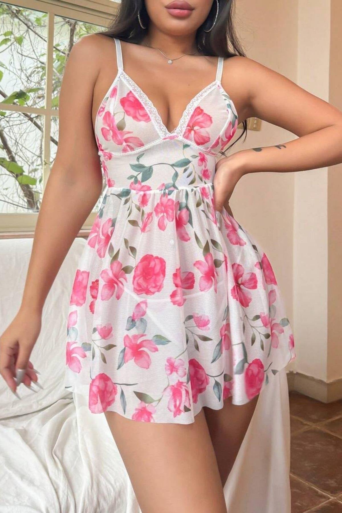 Pink Floral Patterned Lace Detailed Night Dress