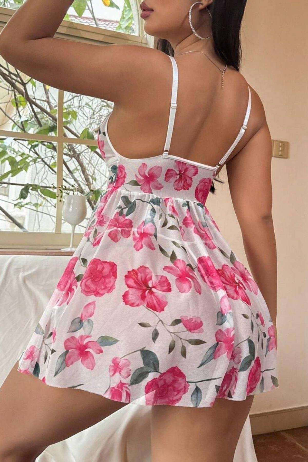 Pink Floral Patterned Lace Detailed Night Dress