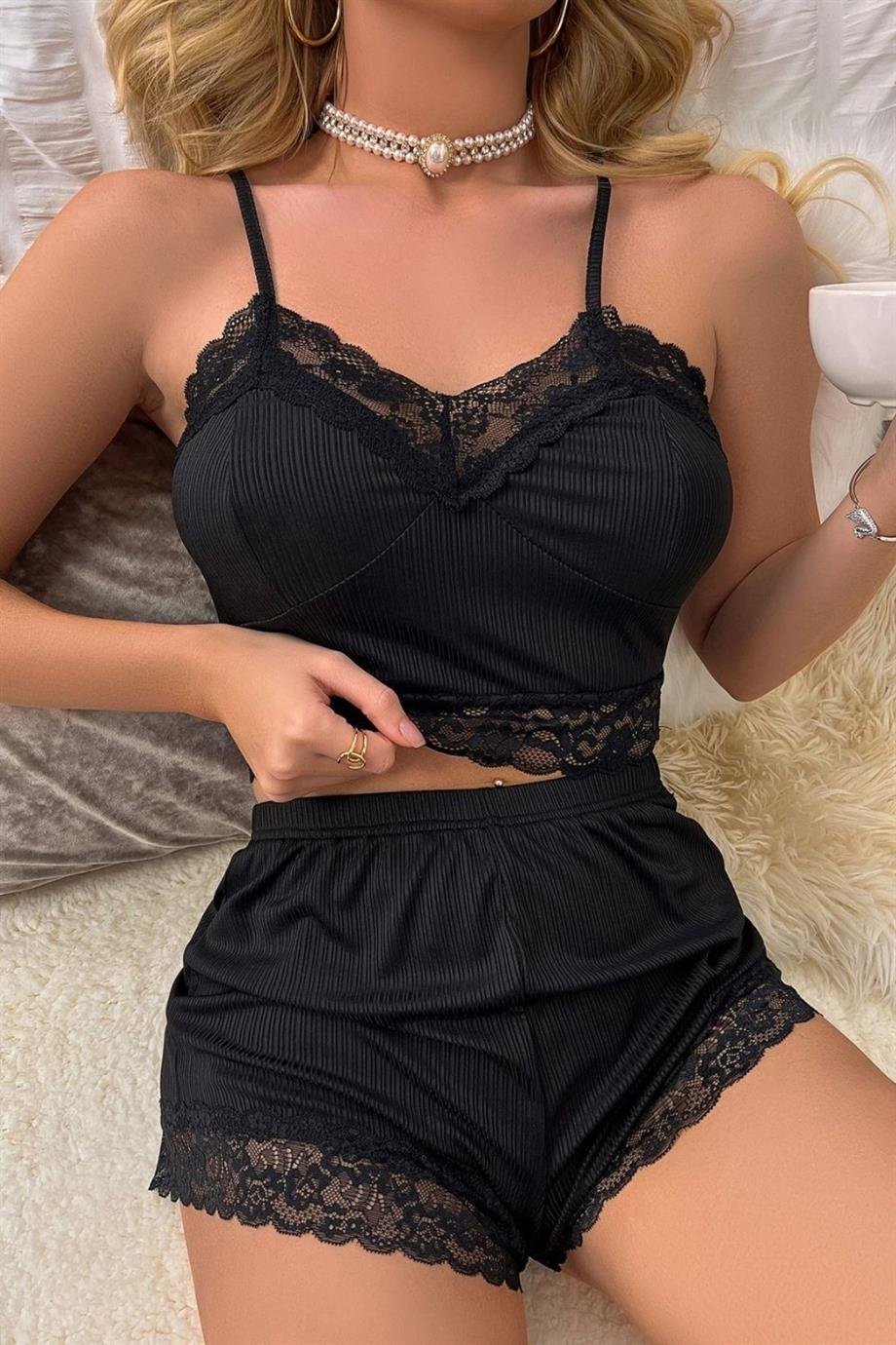 Viscose Black Strap Lace Elegant Shorts Set