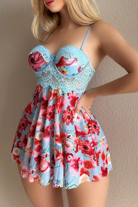 Blue Dream Night Floral Strap Mini Night Dress